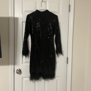 Small sequence long-sleeve dress with feathers.